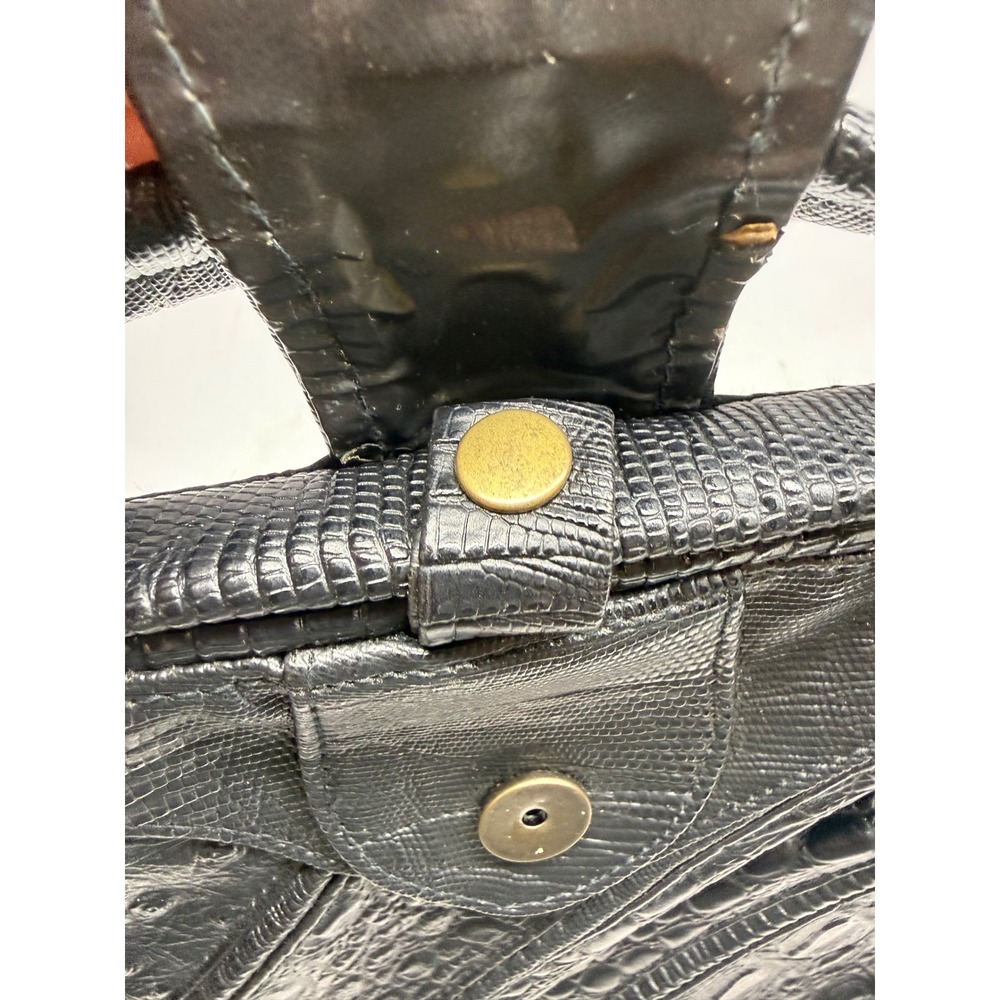 Vintage Black Embossed Patchwork Handbag Crocodile Ostrich Lizard Top Handle Bag - Picture 12 of 15